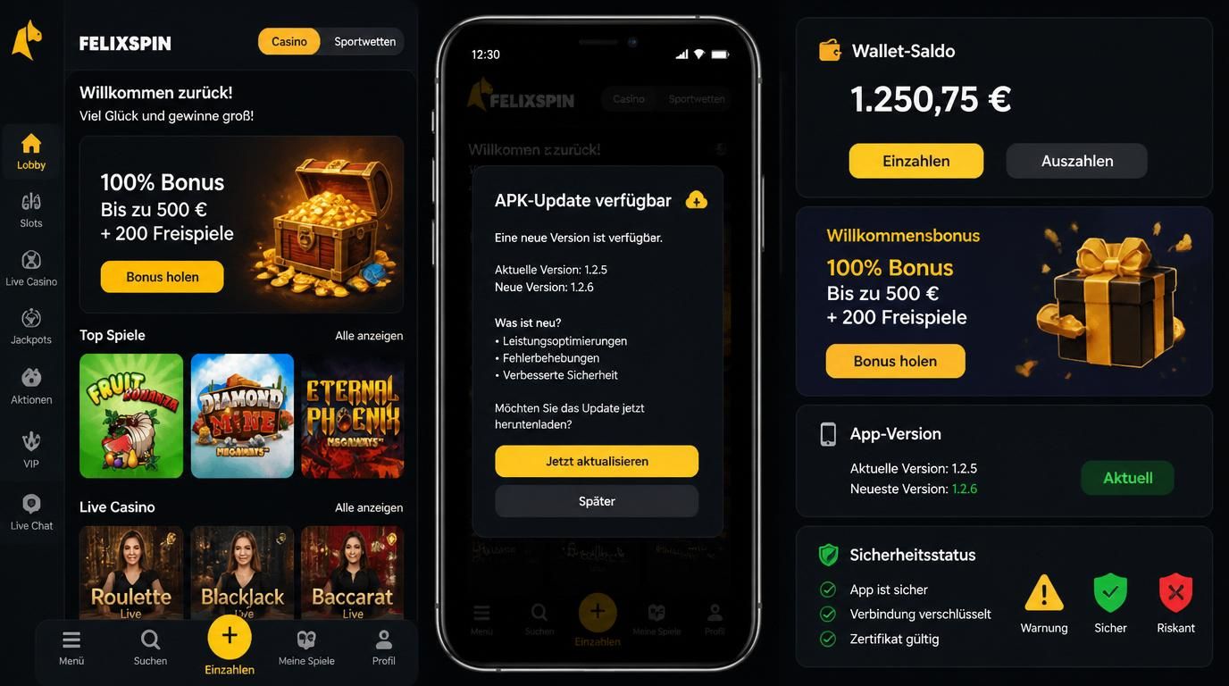 Ein Smartphone zeigt das APK-Update mit Versionsnummer und Sicherheits-Warnung, Wallet-Saldo und Bonus bleiben unberührt