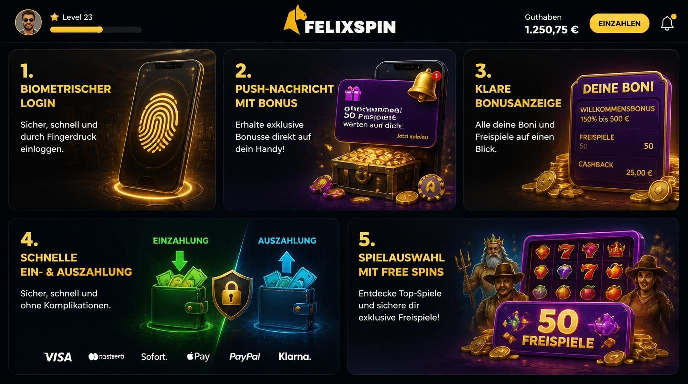 Icons für Login, Push-Nachricht, Bonus-Übersicht, schnelle Zahlung, Spielewahl