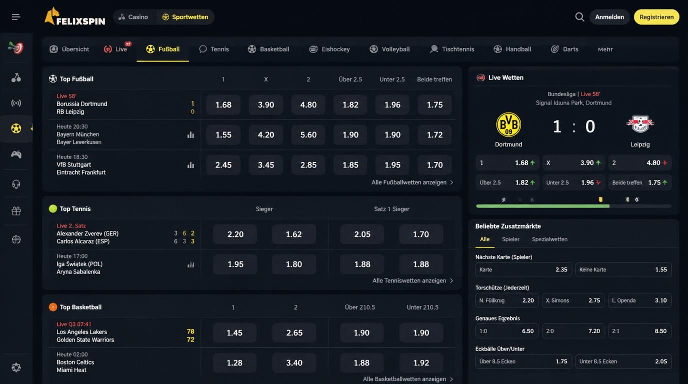 Sportwetten-Brett mit Live-Quoten und Spezialmärkten