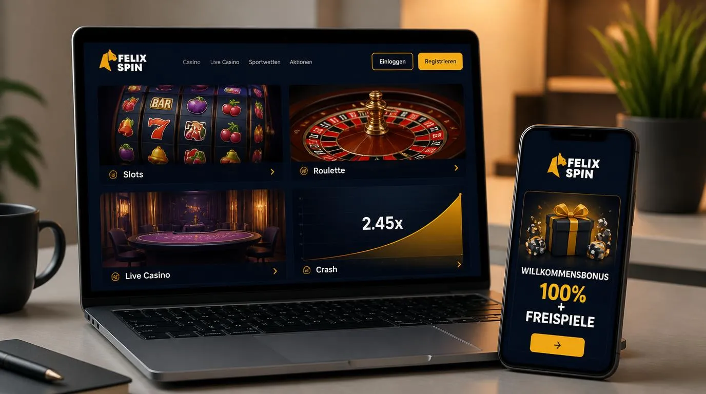 Casino-Oberfläche auf Laptop und Smartphone mit Slots, Tischspielen, Live-Casino und Willkommensangebot