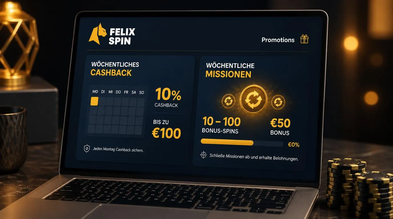 Illustration einer Casino-Aktionsübersicht mit wöchentlichem Cashback und Missionen