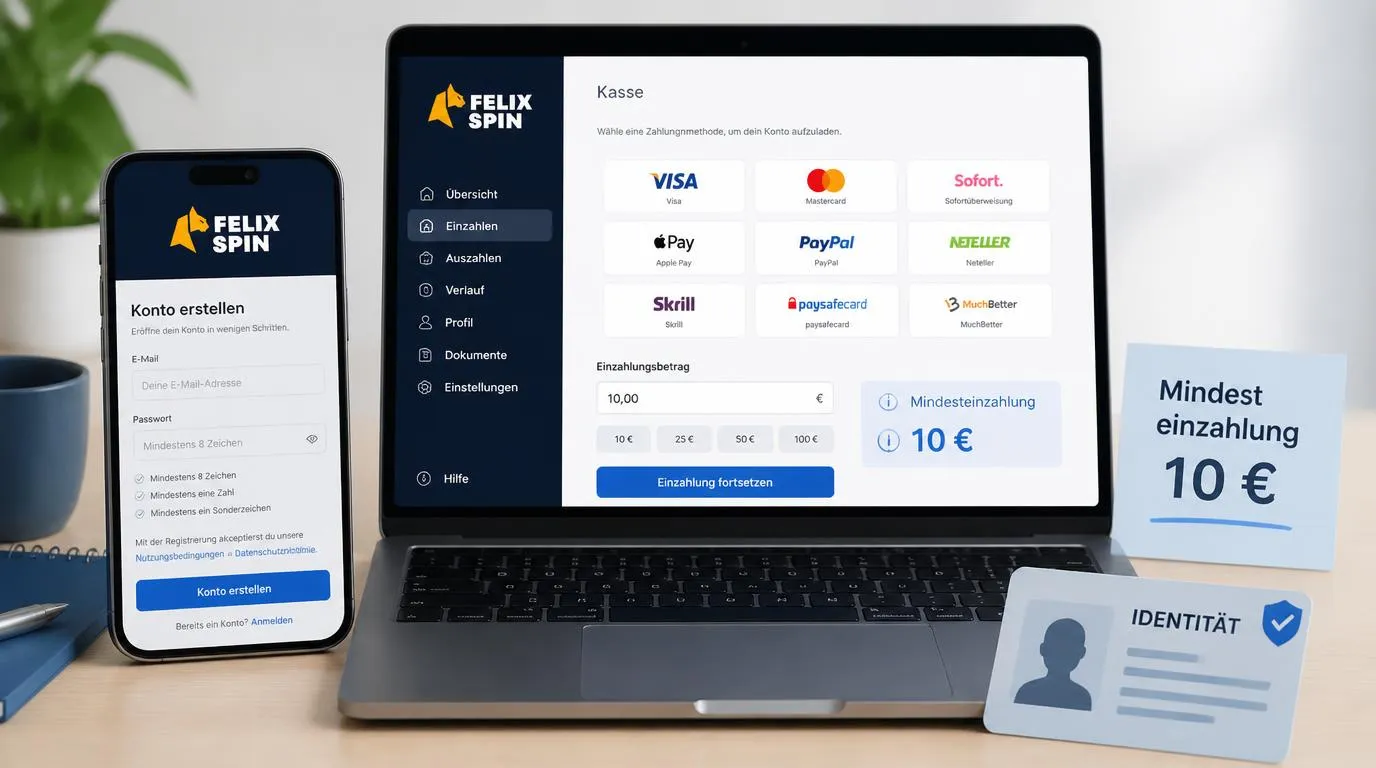 Smartphone mit Registrierungsformular neben einer Kassenansicht für Einzahlung und Identitätsprüfung