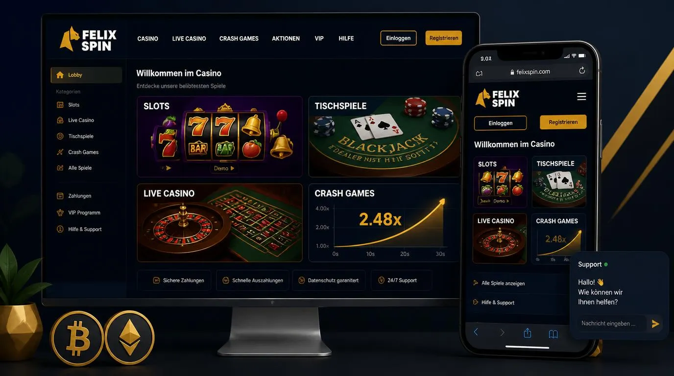 Casino-Oberfläche mit Slots, Live-Tisch, Demomodus und Symbolen für Bitcoin und Ethereum