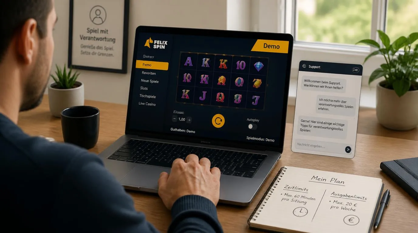 Laptop mit Demospiel ohne Geldeinsatz und deutschsprachiger Support-Anzeige
